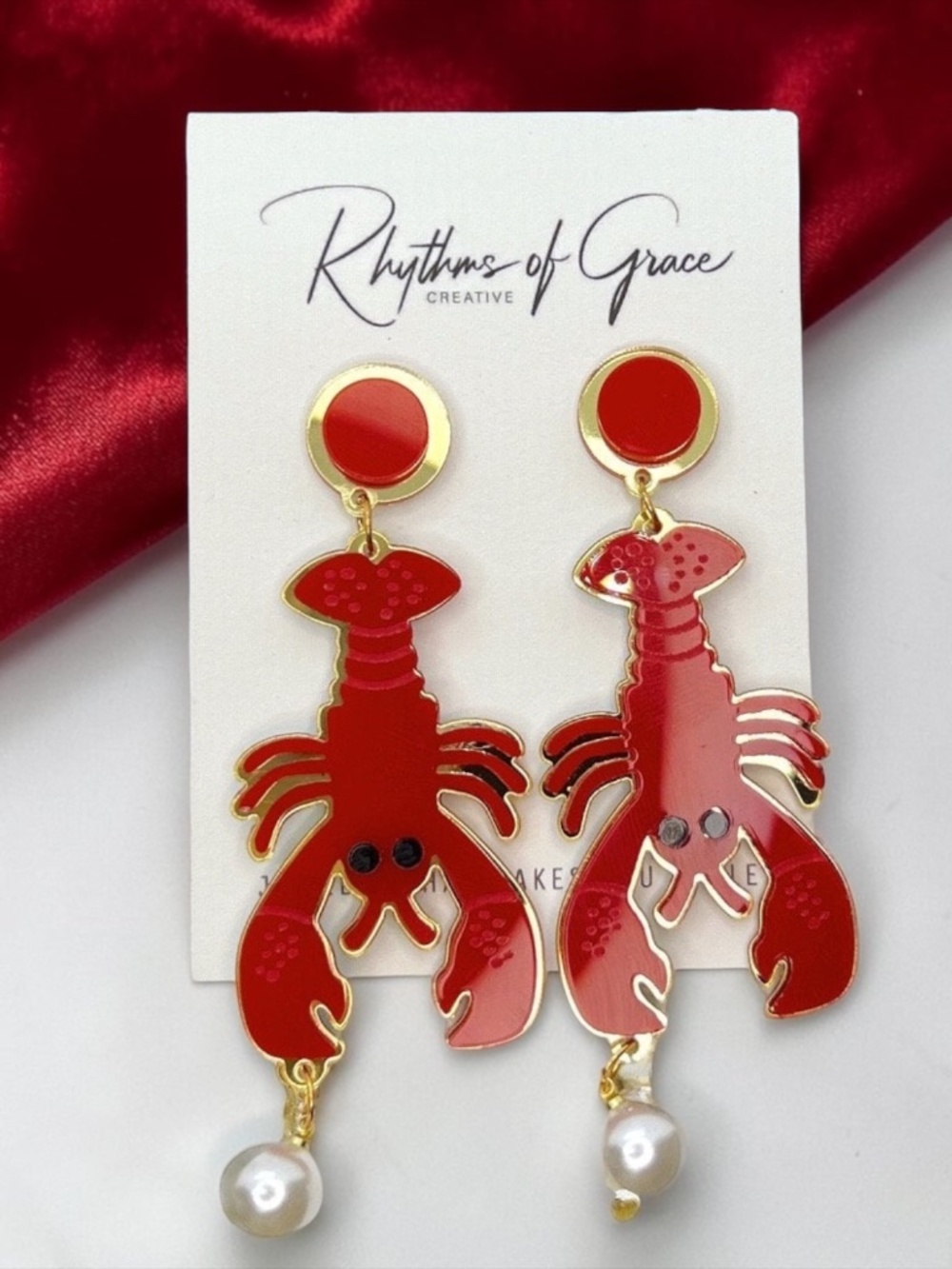 Crawfish Earrings Pearl Red Enamel Louisiana Cajun Mardi Gras Dangle NWT